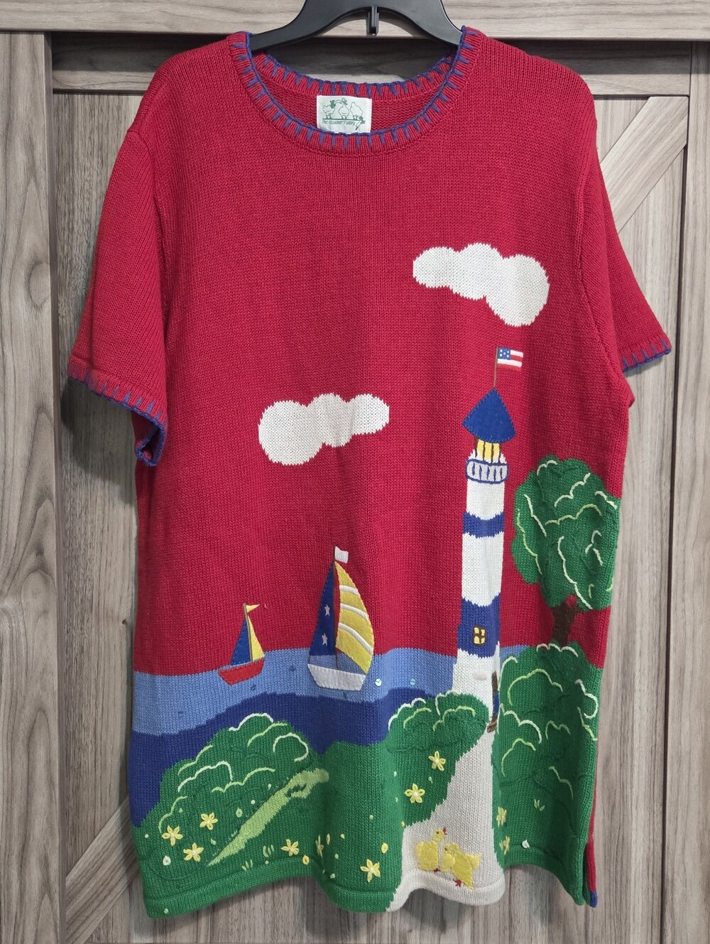 Quacker Factory Red Nautical Lighthouse Knit Top/ Sweater 1X